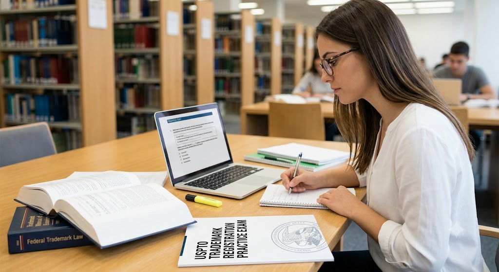 USPTO Trademark Application and Registration Guide Practice Exam Banner