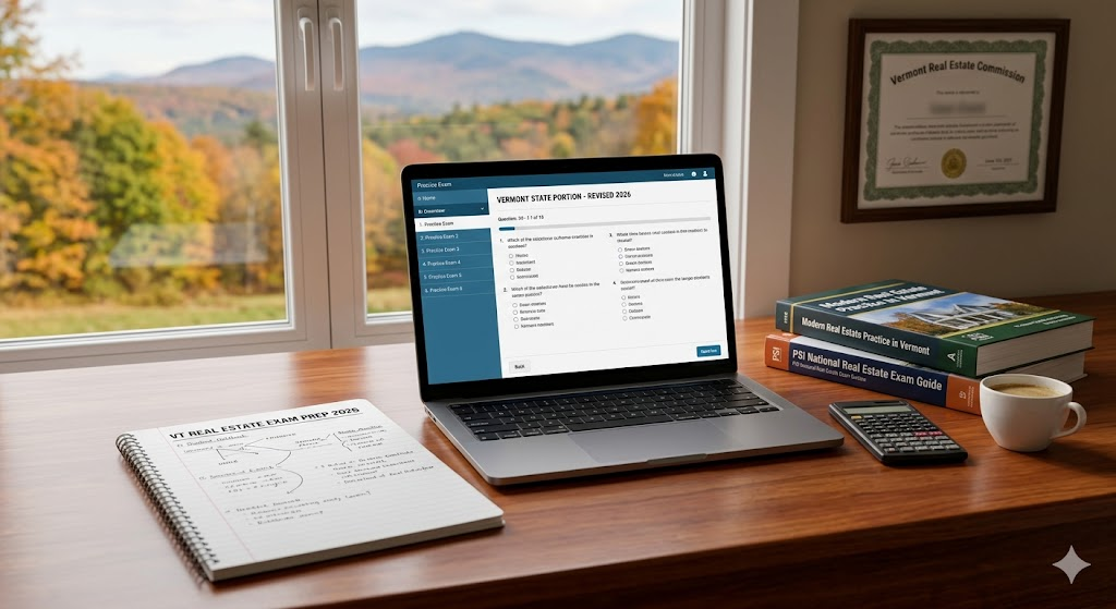 Vermont Real Estate Exam Prep 2026 | Real Estate Practice Questions Banner
