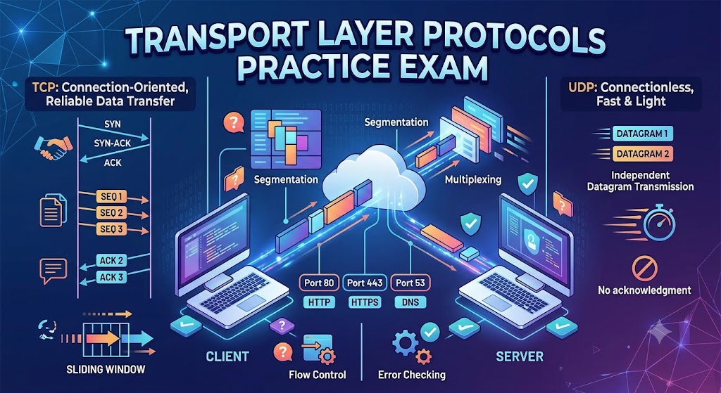 Transport Layer Protocols and Functions in Networking Practice Test Banner