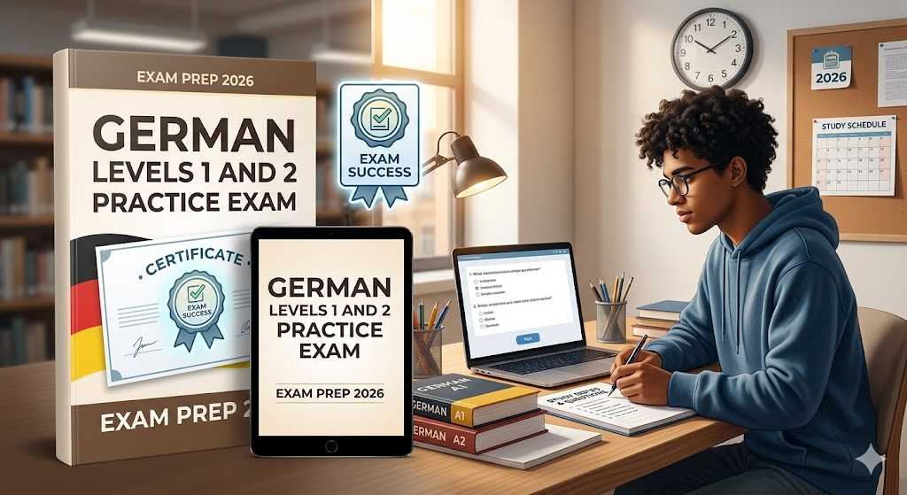 German Language Levels 1 and 2 Practice Test 2026 | Exam Prep Questions and Answers Banner