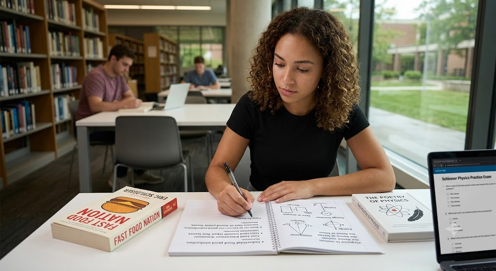 A Look at the Fast-Food Industry by Eric Schlosser & The Poetry of Physics Practice Test Banner
