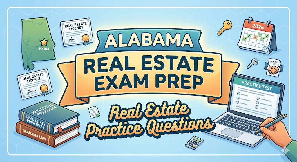 Alabama Real Estate Exam Prep 2026 | Real Estate Practice Questions Banner