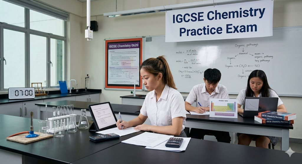 International General Certificate of Secondary Education (IGCSE) Chemistry Practice Exam Banner