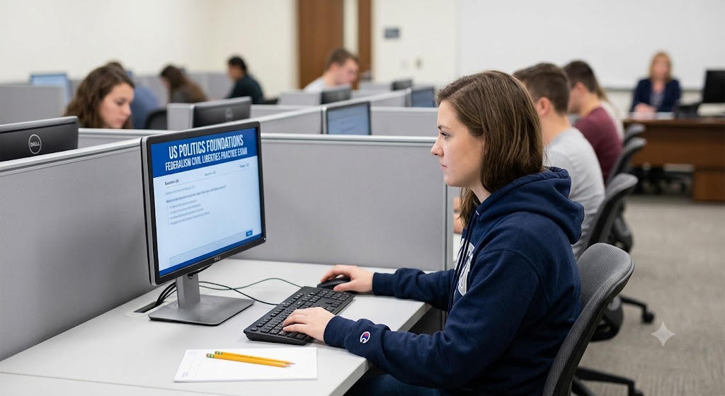US Politics – Foundations, Federalism, Civil Liberties, and Voting Practice Test Banner