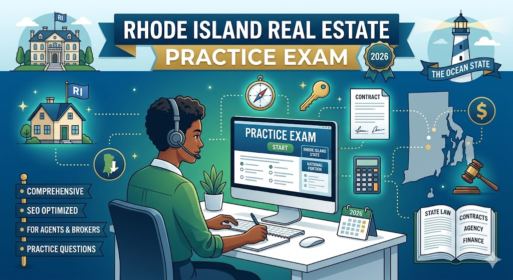 Rhode Island Real Estate Exam Prep 2026 | Real Estate Practice Questions Banner