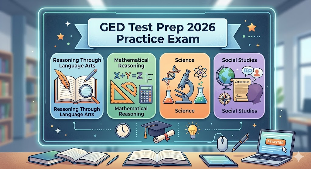 GED Test Prep 2026 | Practice Questions and Answers Banner