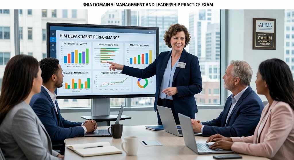 Registered Health Information Administrator (RHIA) Domain 5 Practice Exam Banner