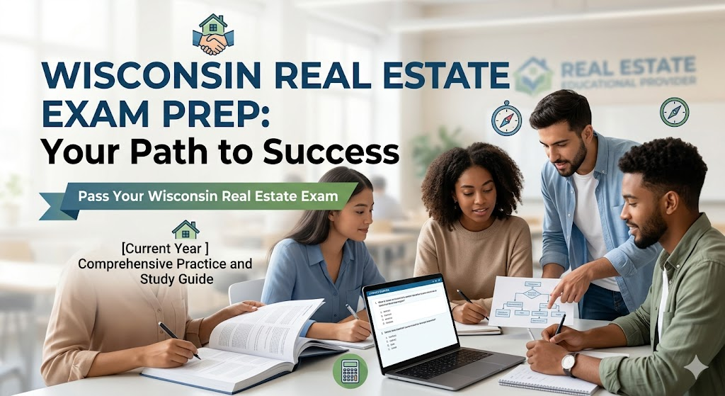 Wisconsin Real Estate Exam Prep 2026 | Real Estate Practice Questions Banner