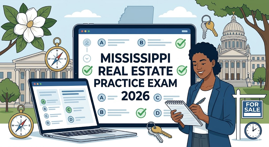 Mississippi Real Estate Exam Prep 2026 | Real Estate Practice Questions Banner