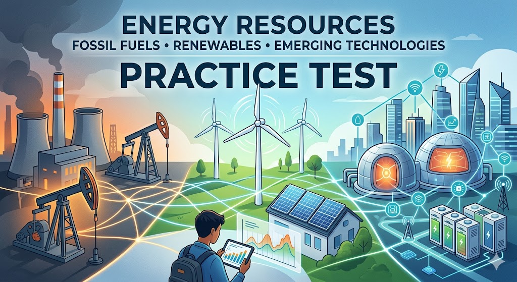 Energy Resources – Fossil Fuels, Renewables, and Emerging Technologies Practice Test Banner